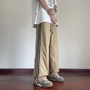 速干冰丝裤子男夏季薄款美式三条杠运动裤青少年宽松阔腿休闲长裤图片