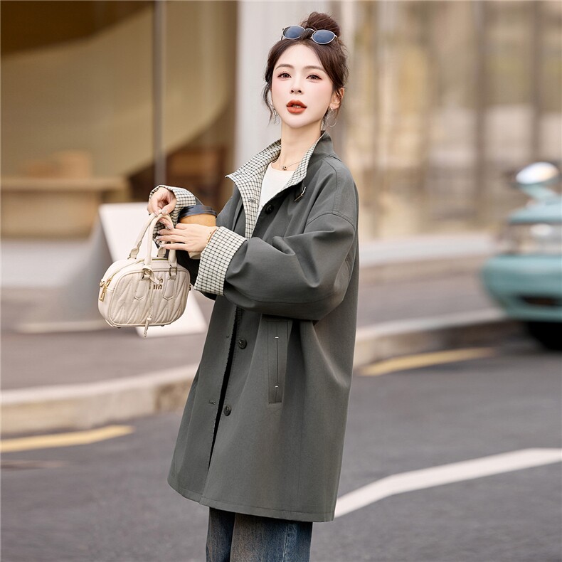 风衣女中长款2025秋季新款今年流行格子巨好看的韩系休闲立领外套,女装风衣,牡丹诺