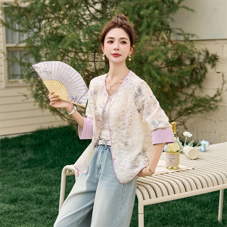 新中式国风重工刺绣圆领短外套女2025夏季复古欧根纱薄款防晒上衣,女装短外套,靓星雨