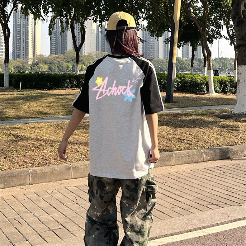 抖音得物品质二开240克宽松纯棉美式潮牌插肩三杠织带短袖T恤，男装T恤，电商A486