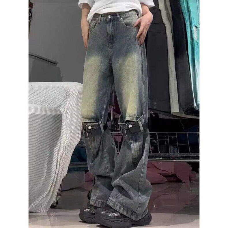 美式vibe破洞牛仔裤女高街潮牌设计感宽松直筒阔腿裤WLA1666-P55,男装牛仔裤,星座1008