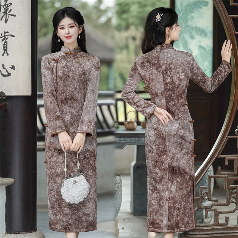 新中式风立领流苏盘扣纤格绒加绒旗袍2653P155，女装汉服/婚纱/旗袍/礼服，乐衣轩