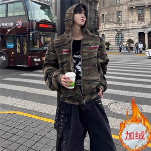 潮牌美式复古运动连帽卫衣男女迷彩新款宽松慵懒风拉链开衫外套图片