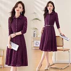 新款衬衫领修身显瘦蕾丝连衣裙（配腰带）259P125，女装连衣裙，乐衣轩