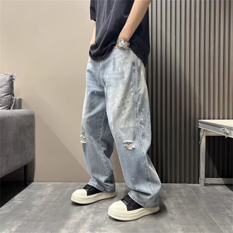 秋季新款破洞泼墨涂鸦复古牛仔裤男士韩版宽松阔腿痞帅直筒拖地裤,男装牛仔裤,电商B212（原钱塘6029）