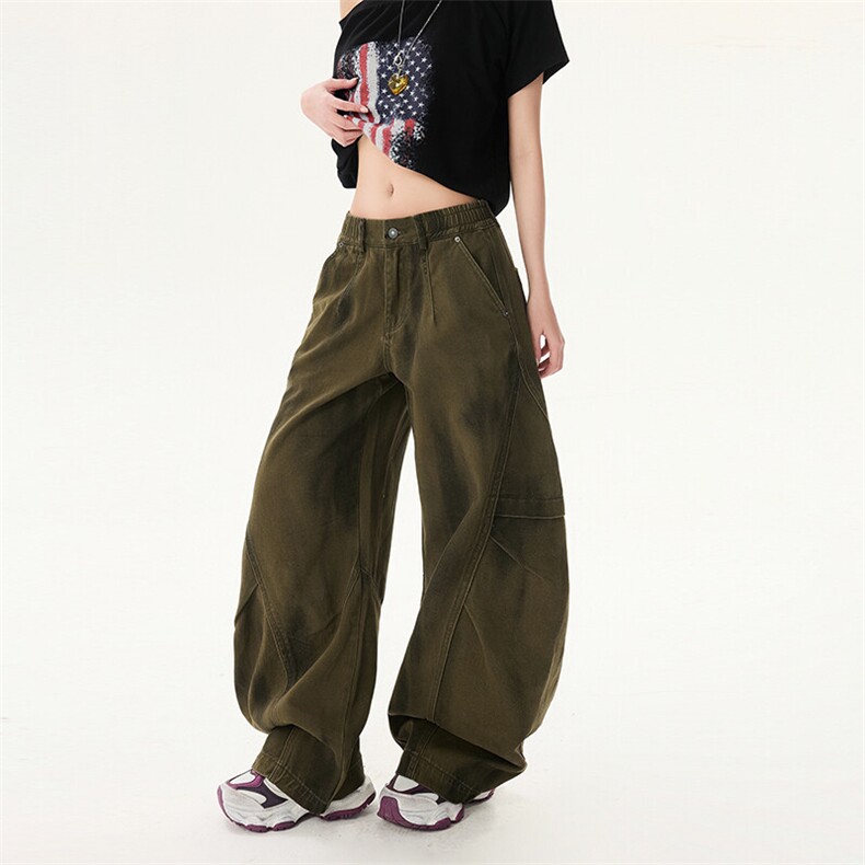 美式复古军绿色弯刀阔腿牛仔裤男女夏季宽松显瘦拖地裤YD9020-P70,男装牛仔裤,星座509