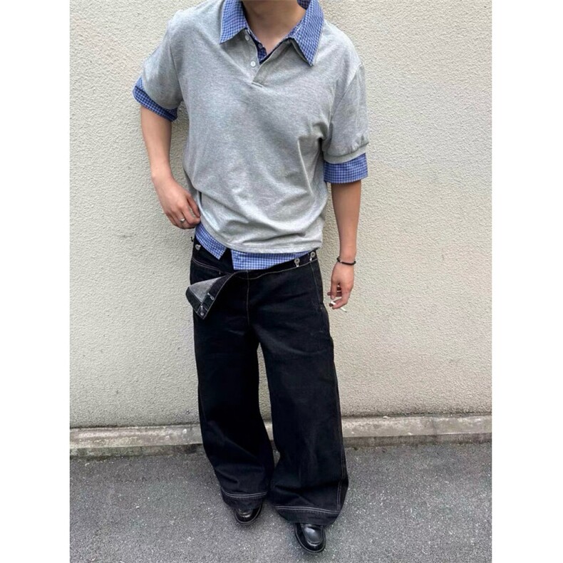 得物抖音高品质二开夏季美式潮牌高街假两件格子衬衣翻领短袖T恤,男装T恤,电商A486