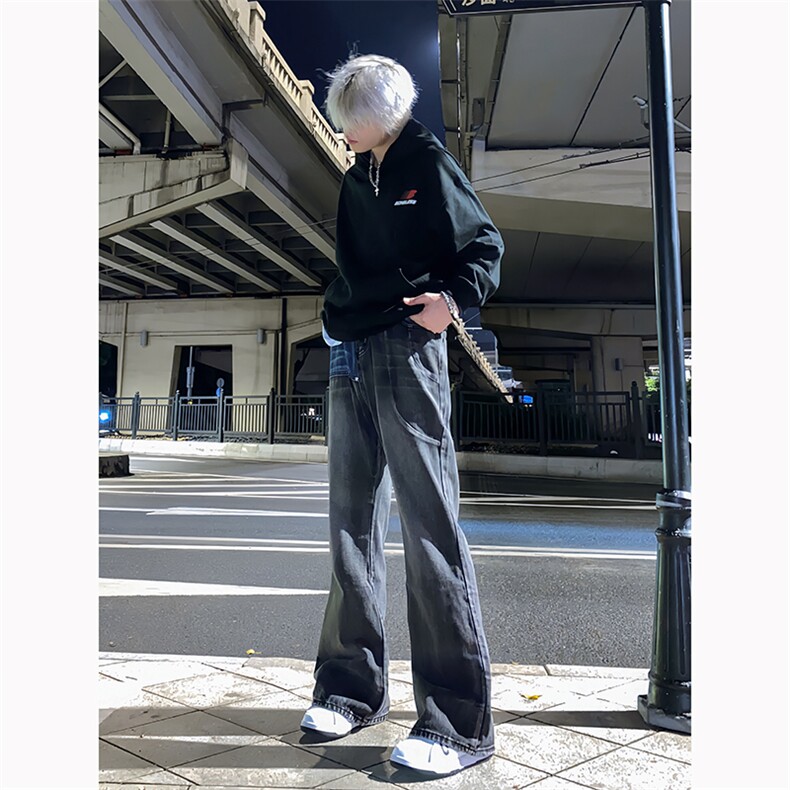 B221美式ins高街暗黑小众个性拼接直筒牛仔裤LK23141-P65控88,男装牛仔裤,电商B221