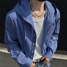 防紫外线弯刀袖格子衬衫防晒衣男夏季新款美式冰丝轻薄透气钓鱼服，男装防晒衣，星座506A