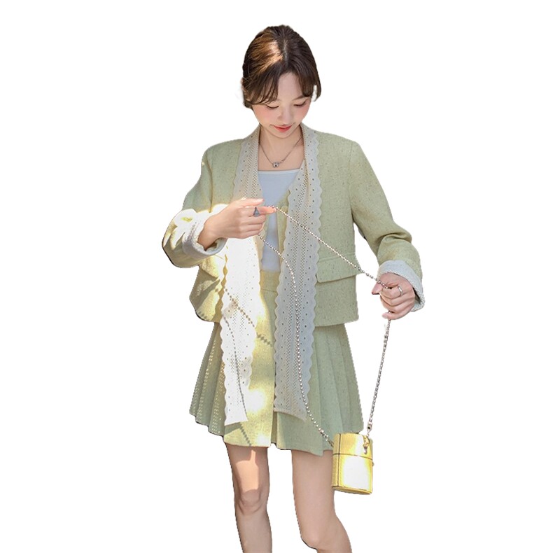 法式小香风小个子穿搭一整套女2025春新款蝴蝶结外套百褶裙两件套,女装套装/套裙,浙宝069