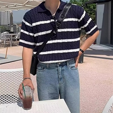 潮流ins夏白色条纹日系针织衫翻领Polo衫原宿无品牌新款日系简约，男装针织衫/毛衣，星座1210-1