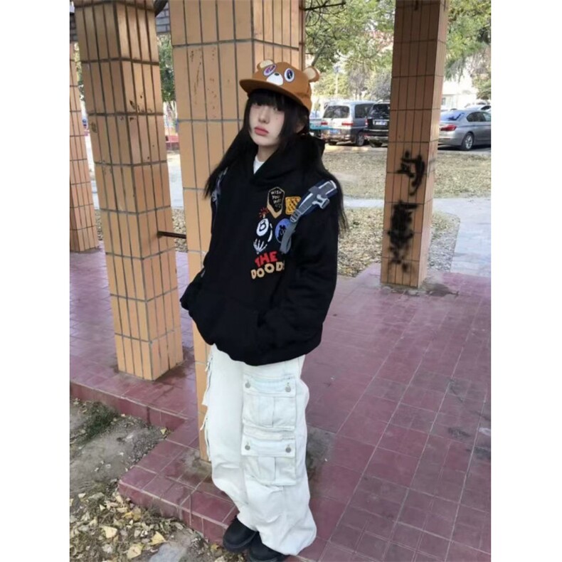 潮美式复古植绒刺绣连帽卫衣男女春秋外套宽松百搭街头帽衫上衣,女装短外套,四季星座505