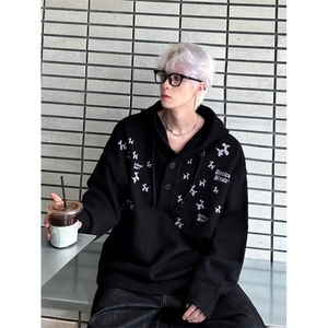 美式复古安可拉红连帽毛衣男秋冬小狗绣花针织衫卫衣外套2209-p68图片