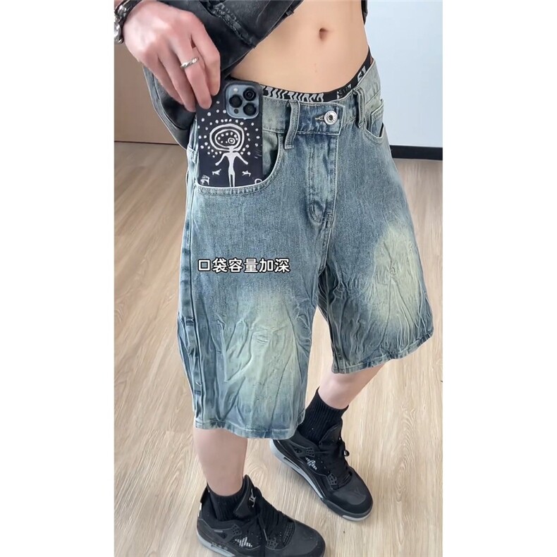 复古蓝闪电纹牛仔短裤男款夏季美式水洗做旧潮牌直筒裤子XXF620图片