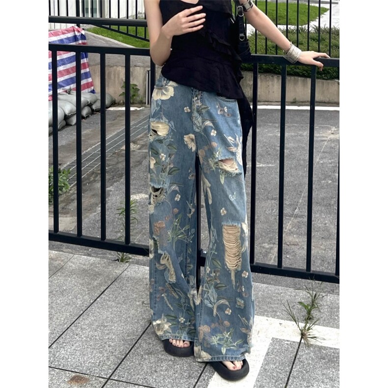 【网图】美式高街花卉印花破洞牛仔裤男女阔腿裤子A257CC-特P52图片