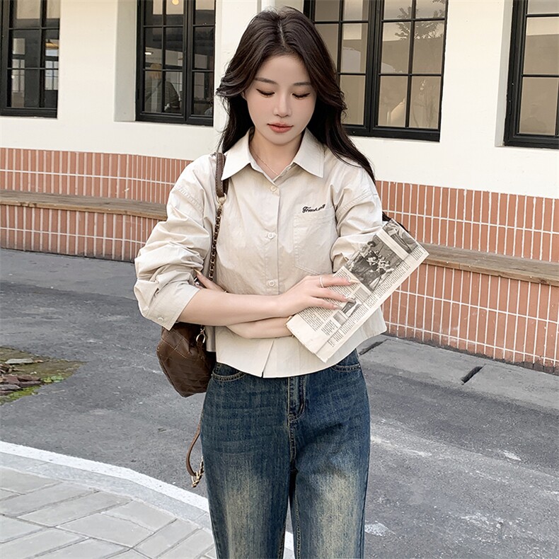 时尚新品短款淡粉色棉衬衫女字母口袋宽松休闲衬衣百搭休闲上衣长,女装衬衫,鑫慧