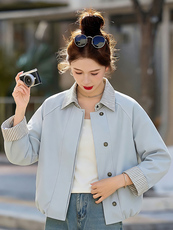 （现货）假两件条纹拼接翻领外套女新款流行气质减龄百搭上衣，女装短外套，韩蔻秀