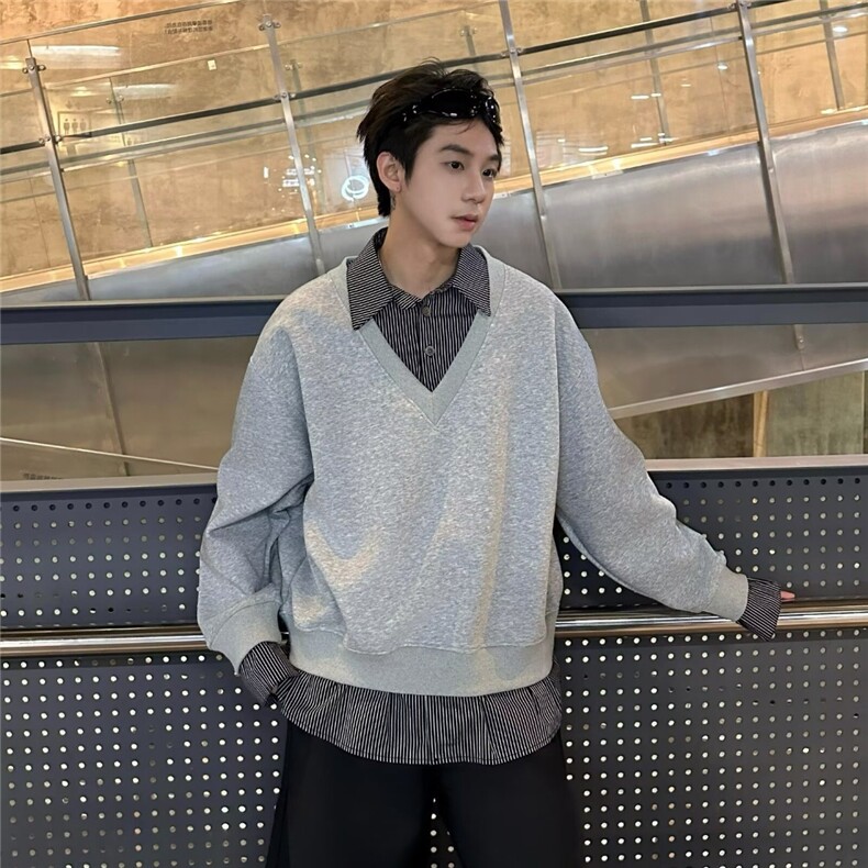 HY03-P50秋冬假两件衬衫领卫衣男韩系时尚上衣潮男宽松百搭,男装衬衫,电商B323A