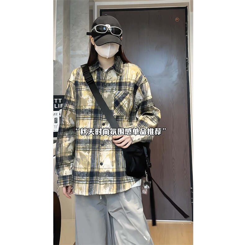 2025春秋新款美式刺绣仿扎染长袖衬衫格子衬衫CS3557特批50-控88,男装衬衫,星座810(原QT5070)