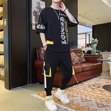 2023夏季短袖t恤男潮流帅气宽松半袖长裤套装男孩体恤F173P75，男装休闲套装，电商A086