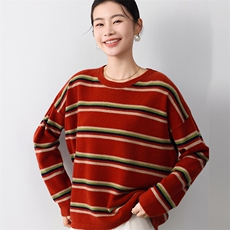 圆领羊毛衫女2024秋冬装新款复古条纹显瘦针织衫，女装羊毛衫，琳尚羊绒