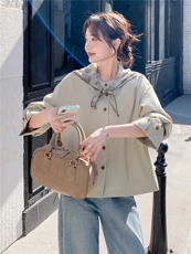 2026春装新款气质韩版短款风衣夹克外套女送丝巾，女装风衣，时尚风爆