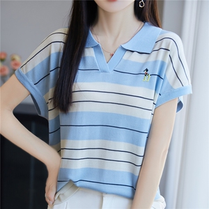 2025夏新款撞色条纹polo领针织冰丝小飞袖上衣女洋气短袖t恤小衫图片