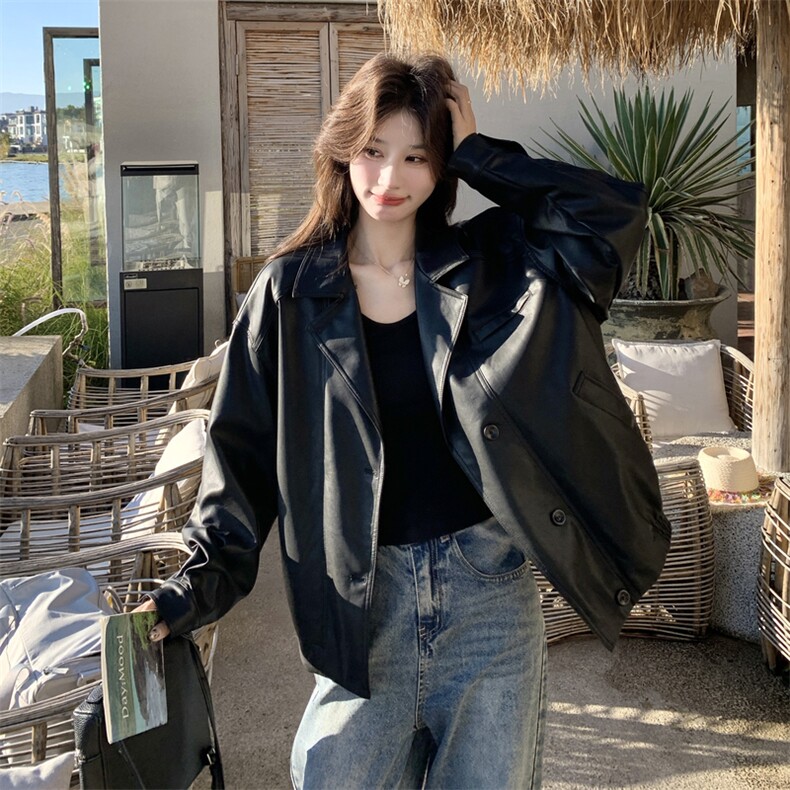 新款有货春季黑色皮衣外套5504P155K228,女装皮衣,2C176