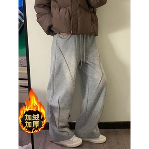 男士裤子秋季加绒拼接休闲裤潮流百搭直筒裤复古做旧卫裤 KC3105图片