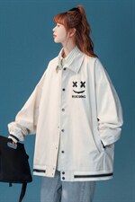 中性风秋季宽松休闲棒球服纯色笑脸情侣外套女G6720P65控78，女装短外套，电商A268
