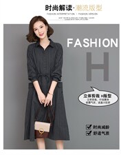 【全年有货，不下架】秋冬加厚连衣裙女长袖条纹棉麻裙中长款，女装连衣裙，3200格调
