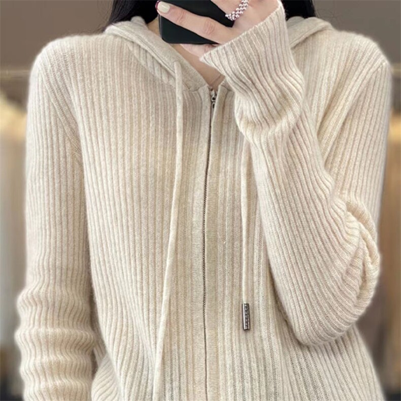 25秋冬新款100%羊毛连帽拉链开衫女羊绒针织宽松百搭坑条上衣外套,针织衫/毛衣,萱芳婷羊绒