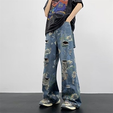 做旧花卉印花牛仔裤男生复古高街宽松阔腿休闲裤N6611，男装牛仔裤，星座1116A-1（原606A）