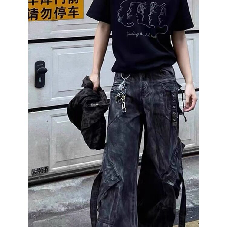 美式解构设计工装多口袋牛仔裤秋季男女宽松裤子直筒NZU17,男装牛仔裤,星座516A