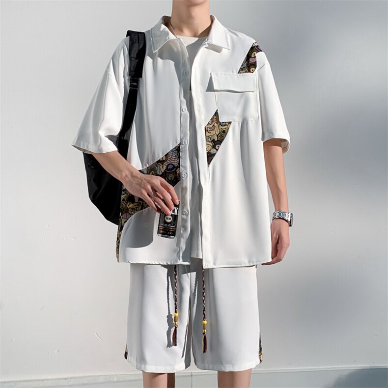 1小熊短袖衬衫男+短裤大码M-5XL套装92%聚酯纤维8%氨纶TZ77057P70，男装衬衫，星座226-2