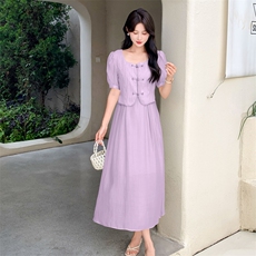 现货新中式气质假两件套连衣裙女2024夏季新款复古元素改良旗袍，女装连衣裙，然然