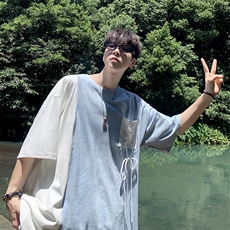夏季不规则百搭短袖2024新款拼接撞色设计感T恤男现货T1717-P35，男装T恤，星座512-4