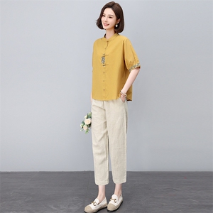 新中式国风刺绣棉麻套装女2025年夏季新款妈妈洋气减龄亚麻两件套图片