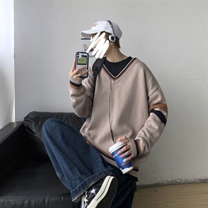 秋冬新款 港风撞色V领毛衣男女同款情侣日系套头针织衫  W08/P65图片