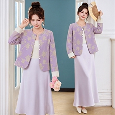 新中式G风套装女2026春新款优雅时尚复古盘扣刺绣文艺范两件套裙，女装套装/套裙，火爆靓佳人