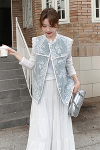 欧洲站蕾丝拼接牛仔马甲外套女装春夏2025年新款大码上衣欧货时尚图片