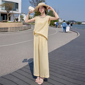 bebejudy海边度假~多巴胺休闲亚麻套装女夏季背心阔腿裤两件套装图片