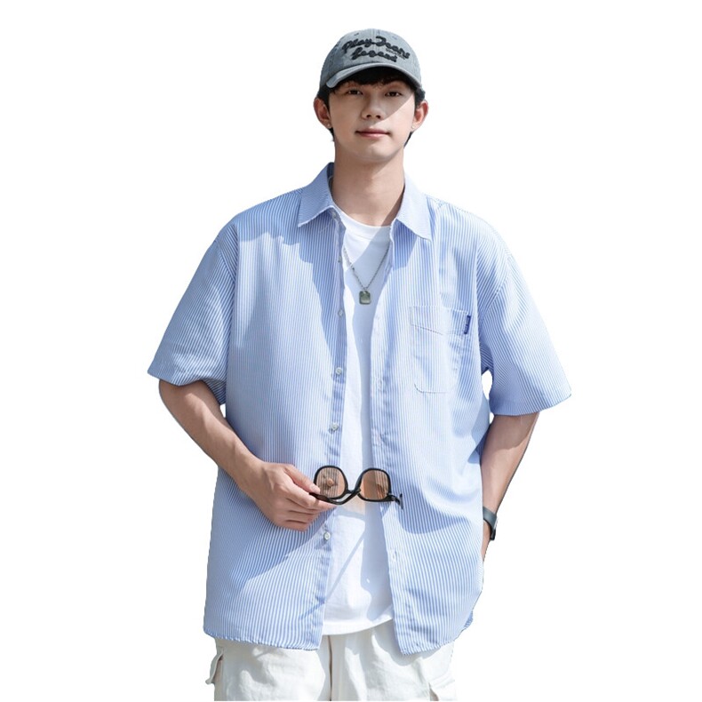 夏季新款条纹短袖衬衫男宽松潮流韩版薄款外套,男装T恤,星座1107-1