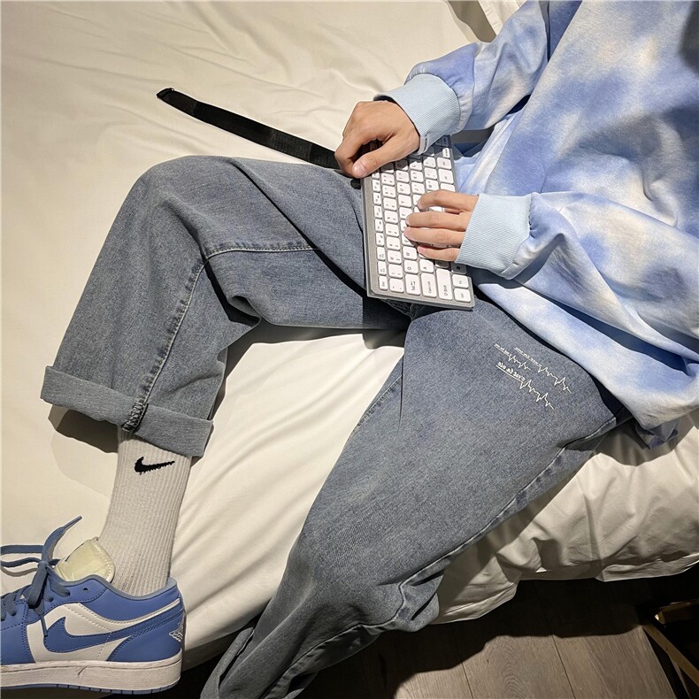 新款宽松直筒净版心电图ins潮牌牛仔裤X715NZ017P45控58,男装牛仔裤,星座715