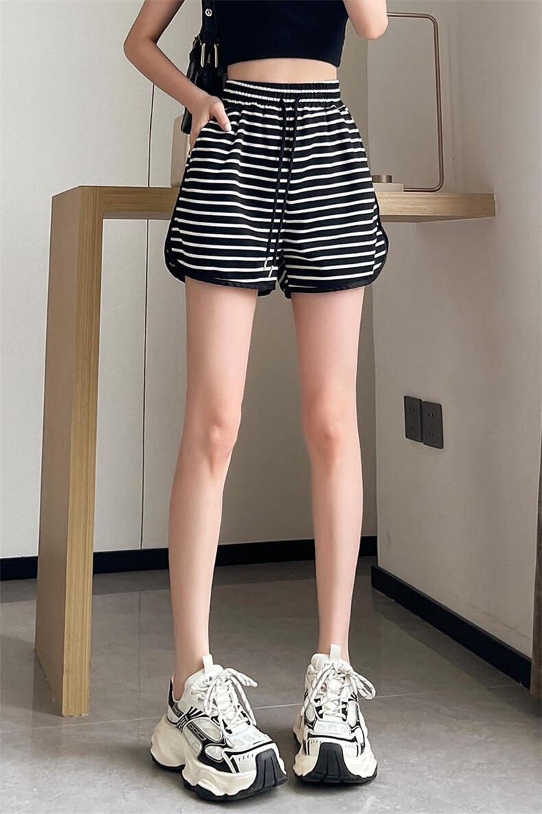黑白条纹休闲短裤女2024夏季松紧腰抽绳韩版宽松百搭阔腿短裤,女装短裤/热裤,梦白服饰厂