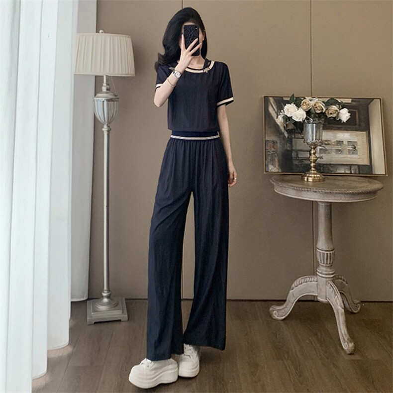 韩版休闲运动套装女夏季新款气质显瘦圆领拼接短袖阔腿长裤两件套图片