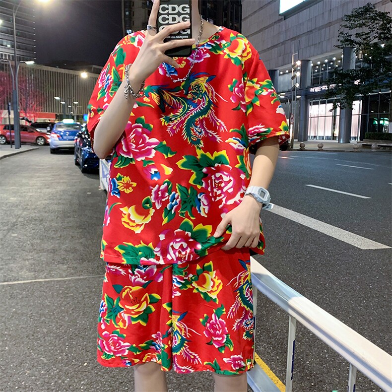 东北大花布衣服套装男春夏季短袖t恤圆领网红短裤休闲洋气时尚潮，男装休闲套装，星座115A(原星座507）