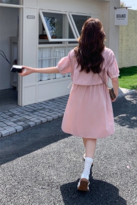 夏季韩系减龄甜美收腰显瘦中长款衬衫裙粉色泡泡袖假两件连衣裙女图片
