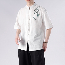 新中式风男女同款24夏竹叶刺绣立领盘扣衬衫MT2308-P65，男装衬衫，电商A021