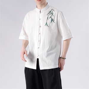 新中式 风男女同款24夏竹叶刺绣立领盘扣衬衫MT2308-P65图片